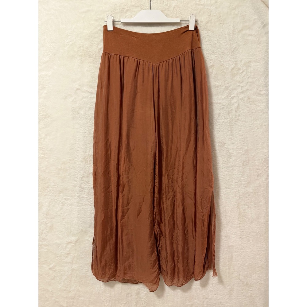 Tina Stephens Italy Wide Leg Palazzo Pants Rust Terracotta Silk Layered Slit S/M - Picture 6 of 9